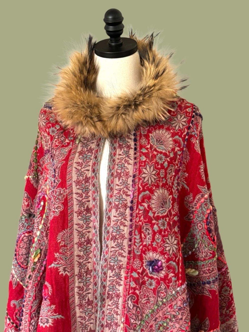 Boho paisley wool fur trimmed shawl wrap Himalayan Yak - Picture 3 of 13